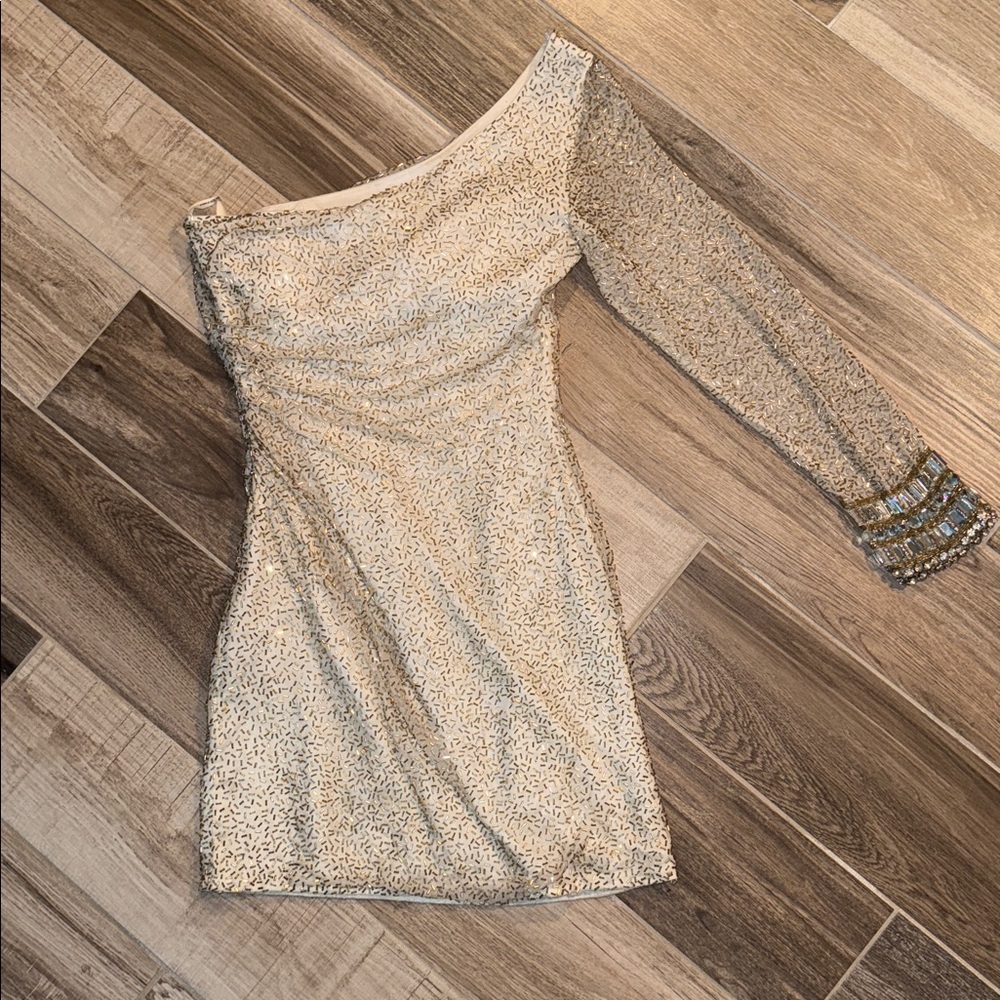 Sherri Hill Ivory & Gold One-Shoulder Dress EUC 4 - Picture 3 of 4